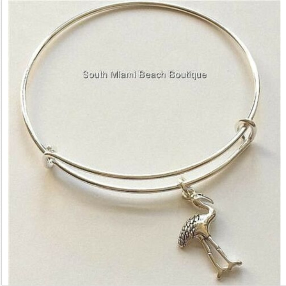 Flamingo Charm Bracelet Silver Plated Tropical Island Bird Wire Adjustable